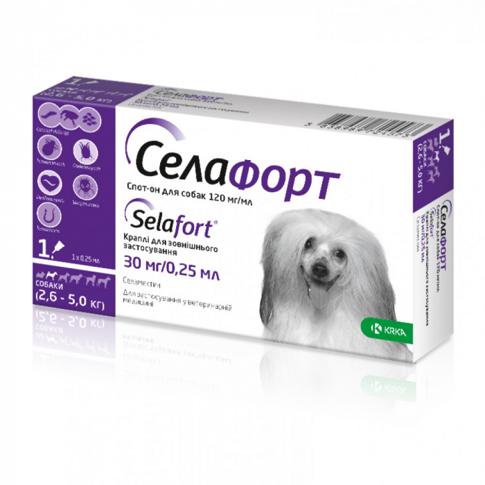 Selafort Spot On краплі для собак 2,6-5кг 1 пипетка 0,25мл від бліх кліщів та глистів