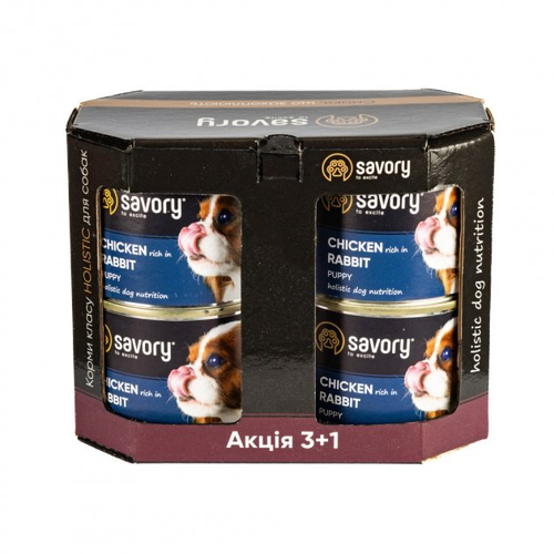 Savory DOG Can All Breeds Puppy Chicken Rabbit набір 3+1 з кроликом та куркою
