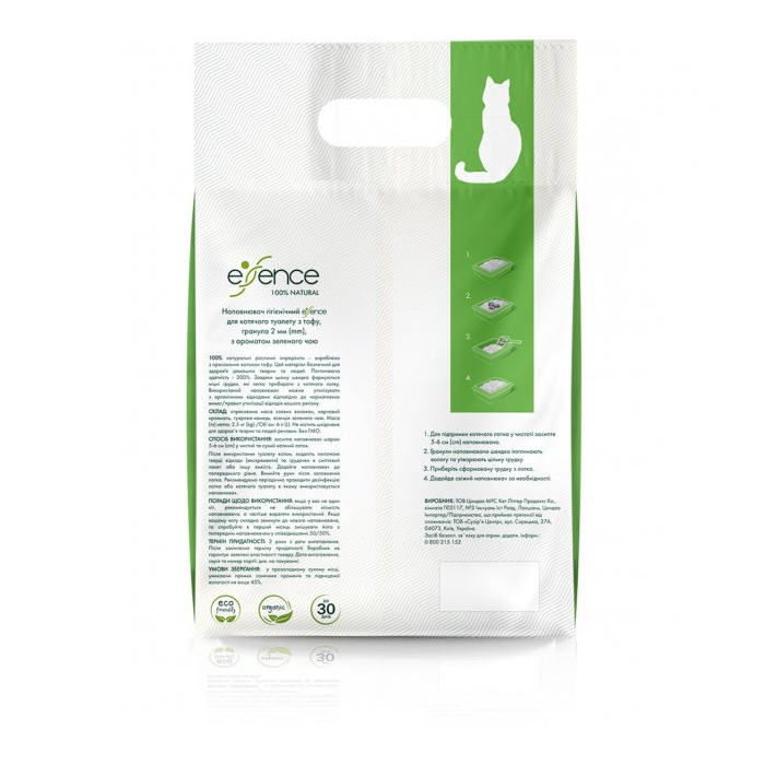 Наповнювач для котячого туалету Essence з тофу, з ароматом зеленого чаю, 6 л