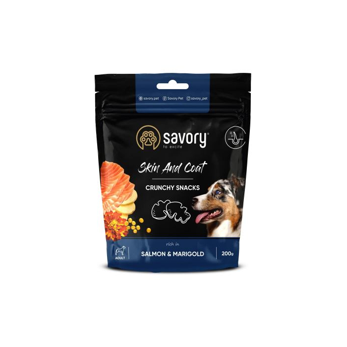 Ласощі Savory для здоров'я шкіри та шерсті собак, лосось і чорнобривці 200г