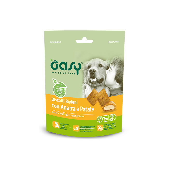Oasy Snack Dog Biscotti ripieni con Аnatra  e patate ласощі для собак.Хрусткі подушечки з качки 80гр