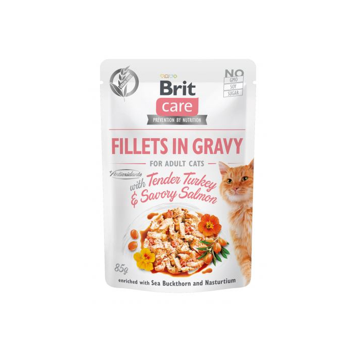 Brit Care Cat Pouch для котів, філе в соусі, ніжна індичка і пікантний лосось, пауч
