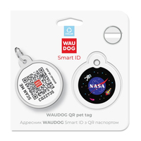 Адресник для собак і котів металевий WAUDOG Smart ID з QR паспортом, малюнок NASA, коло, Д 30 мм 230-0147