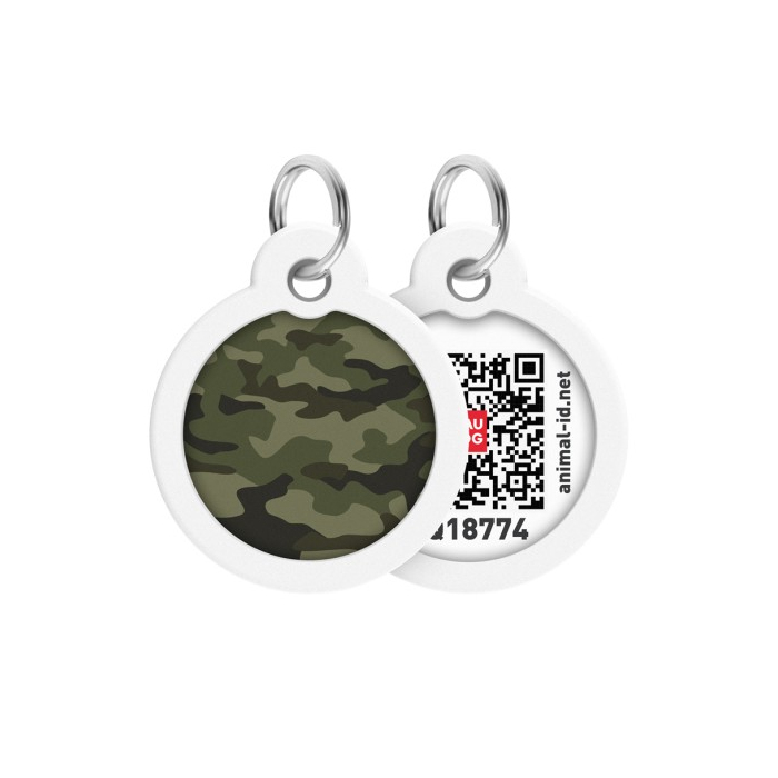 Адресник для собак і котів металевий WAUDOG Smart ID з QR паспортом, малюнок Камо зелений, коло, Д 30 мм 230-0205