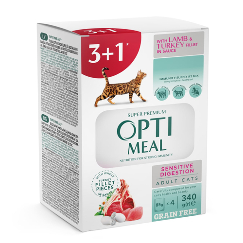 Optimeal Набір 3+1 Sensitive Digestion Lamb & Turkey для котів з ягням та індичим філе в соусі