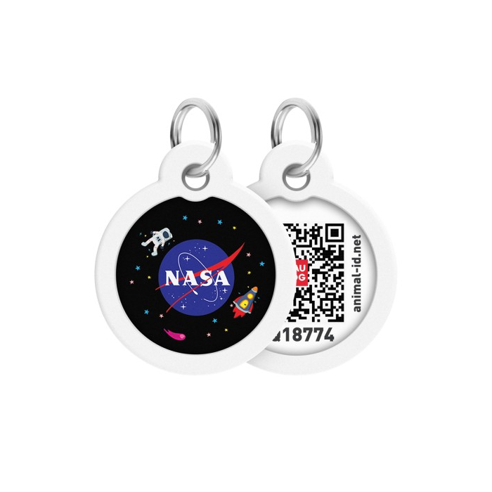 Адресник для собак і котів металевий WAUDOG Smart ID з QR паспортом, малюнок NASA, коло, Д 30 мм 230-0147