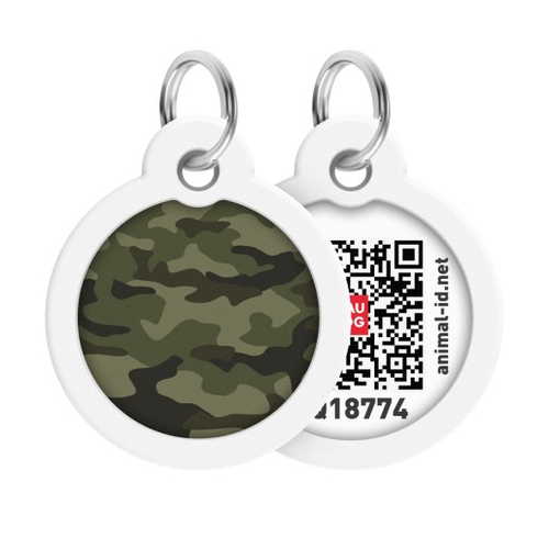 Адресник для собак і котів металевий WAUDOG Smart ID з QR паспортом, малюнок Камо зелений, коло, Д 30 мм 230-0205