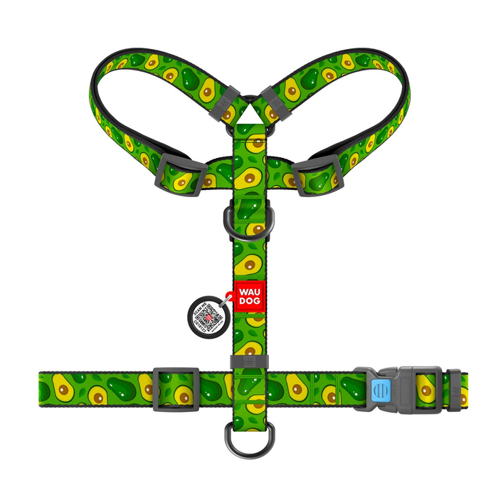 Шлея для собак анатомічна H-подібна WAUDOG Nylon з QR-паспортом, малюнок Авокадо, пластиковий фастекс, S, Ш 15 мм, A 30-40, B 30-50 5612 Collar