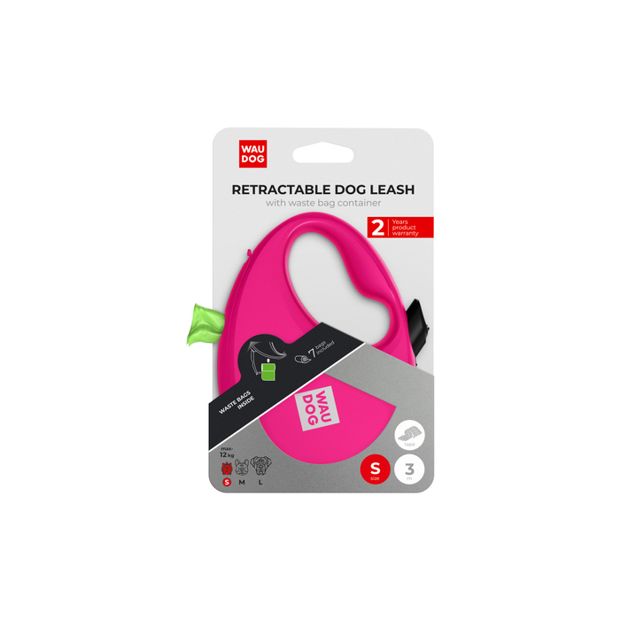 Повідець-рулетка для собак WAUDOG R-leash з контейнером для пакетів, світловідбивна стрічка, S, до 12 кг, 3 м, рожевий 26277 Collar