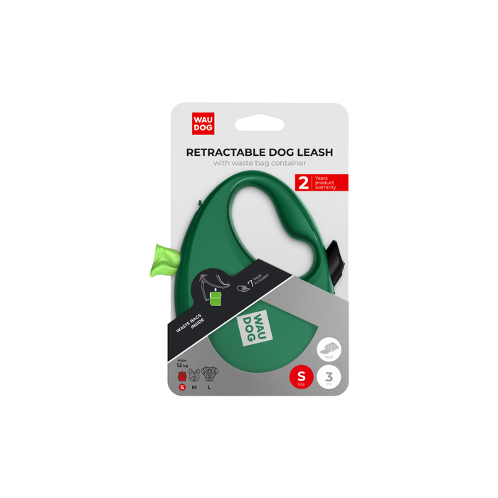 Повідець-рулетка для собак WAUDOG R-leash з контейнером для пакетів, світловідбивна стрічка, S, до 12 кг, 3 м, зелений 262718 Collar