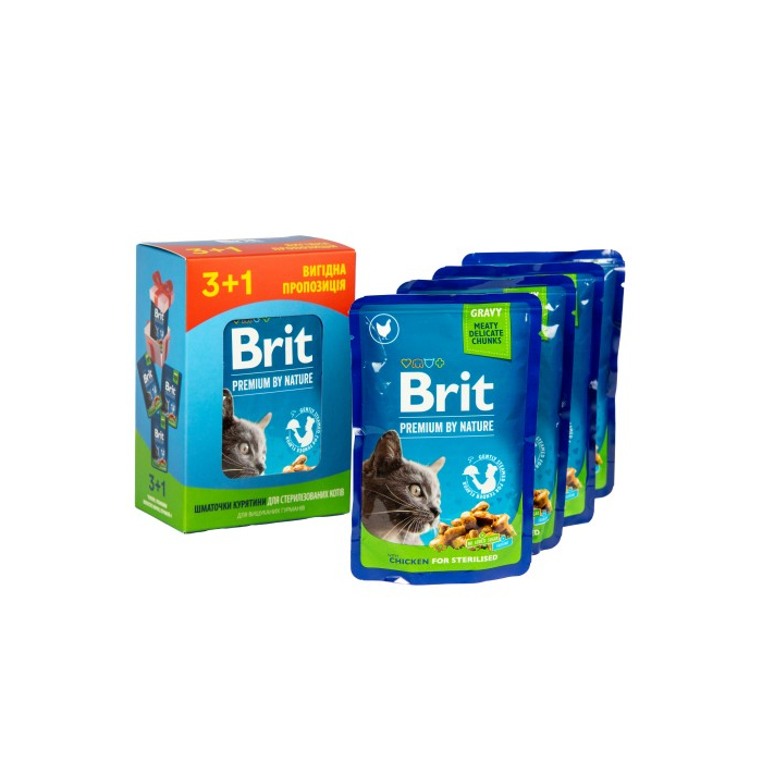Brit Premium CAT pouch 3+1 Chicken Slices for Sterilised для стерилізованих котів з куркою пауч