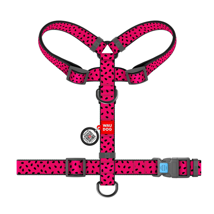 Шлея для собак анатомічна H-подібна WAUDOG Nylon з QR-паспортом, малюнок Кавун, пластиковий фастекс, S, Ш 15 мм, A 30-40, B 30-50 5613 Collar