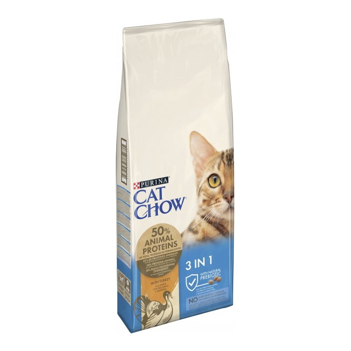 Cat Chow Feline 3in1 сухий корм для котів з формулою з потрійної дії з індичкою 15кг