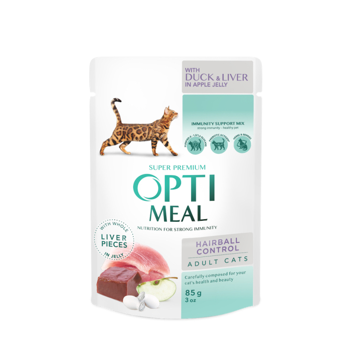 Optimeal Hairball Control Duck & Liver для котів з качкою та шматочками печінки в яблучному желе з ефектом виведення шерсті