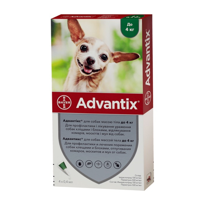 Advantix Elanco для собак до 4 кг краплі на холку від бліх волосоїдів кліщів 0,4мл