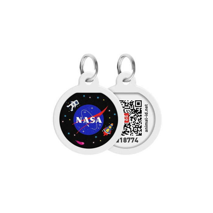 Адресник для собак та котів металічний WAUDOG Smart ID з QR паспортом, малюнок NASA, круг, Д 25 мм 0625-0147