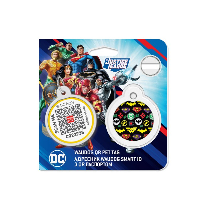 Адресник для собак та котів металічний WAUDOG Smart ID з QR паспортом, малюнок Супергерої логоманія, круг, Д 25 мм 0625-1014 Collar