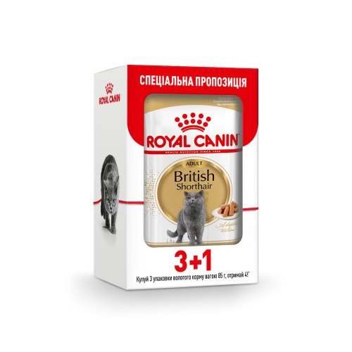 Royal Canin British Shorthair Adult (шматочки у соусі) для котів британська короткошерста, пауч  !3+1 Акція!