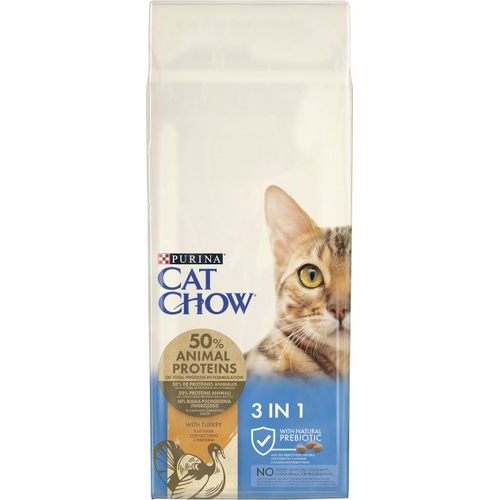 Cat Chow Feline 3in1 сухий корм для котів з формулою з потрійної дії з індичкою 15кг