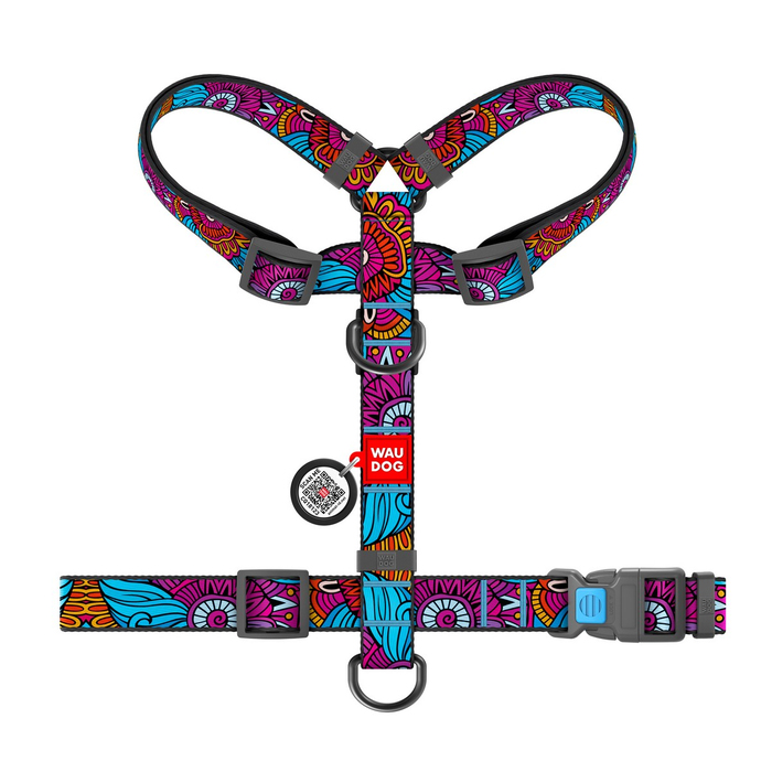 Шлея для собак анатомічна H-подібна WAUDOG Nylon з QR-паспортом, малюнок Літо, пластиковий фастекс, S, Ш 15 мм, A 30-40, B 30-50 5616 Collar