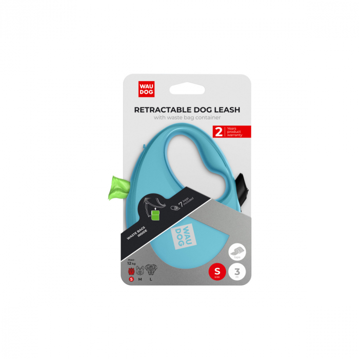 Рулетка для собак WAUDOG R-leash блакитна з контейнером для пакетів світловідбивна стрічка S 3м до12кг