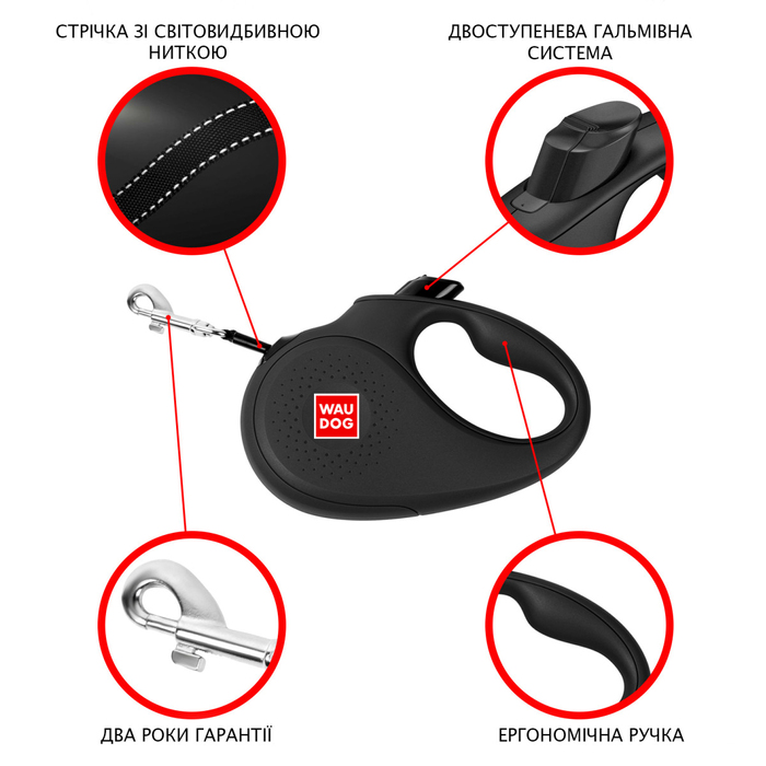 Повідець-рулетка для собак WAUDOG R-leash, малюнок Авокадо, S, до 15 кг, 5 м, світловідбиваюча стрічка чорний 8124-0048-01 Collar