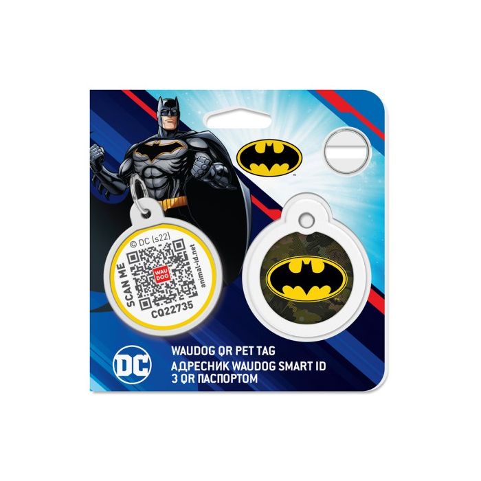 Адресник для собак та котів металічний WAUDOG Smart ID з QR паспортом, малюнок Бетмен зелений, круг, Д 25 мм 0625-1002 Collar