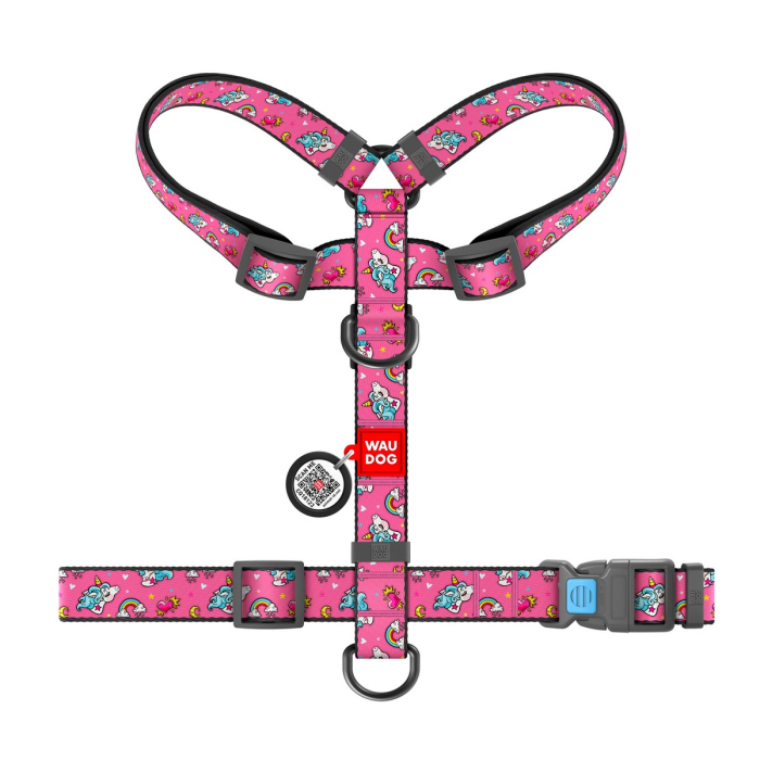 Шлея для собак H-подібна WAUDOG Nylon Єдинороги М (з QR-паспортом)