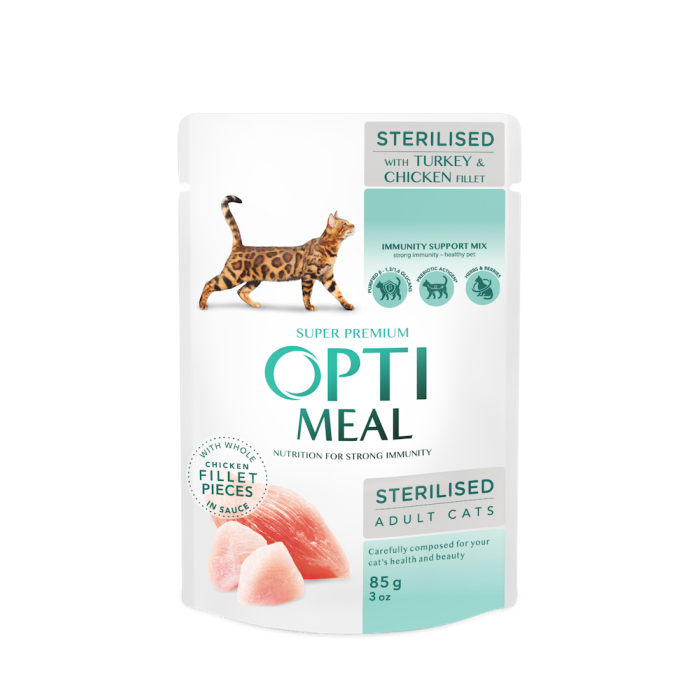 Optimeal Pouch CAT Sterilised Turkey & Chicken для стерилізованих котів з індичкою та курячим філе у соусі
