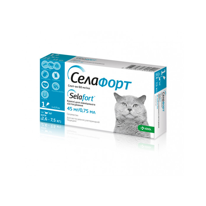 Selafort Spot On краплі для котів 2,6-7,5кг 1 пипетка 0,75мл від бліх кліщів та глистів