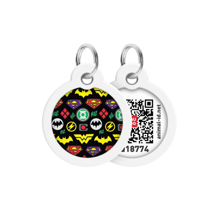 Адресник для собак та котів металічний WAUDOG Smart ID з QR паспортом, малюнок Супергерої логоманія, круг, Д 25 мм 0625-1014 Collar